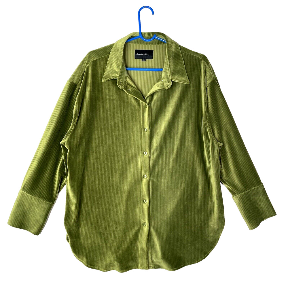 Green Velour Shirt Womens Large Button Down Velvet Corduroy 3/4 Sleeve Y2K